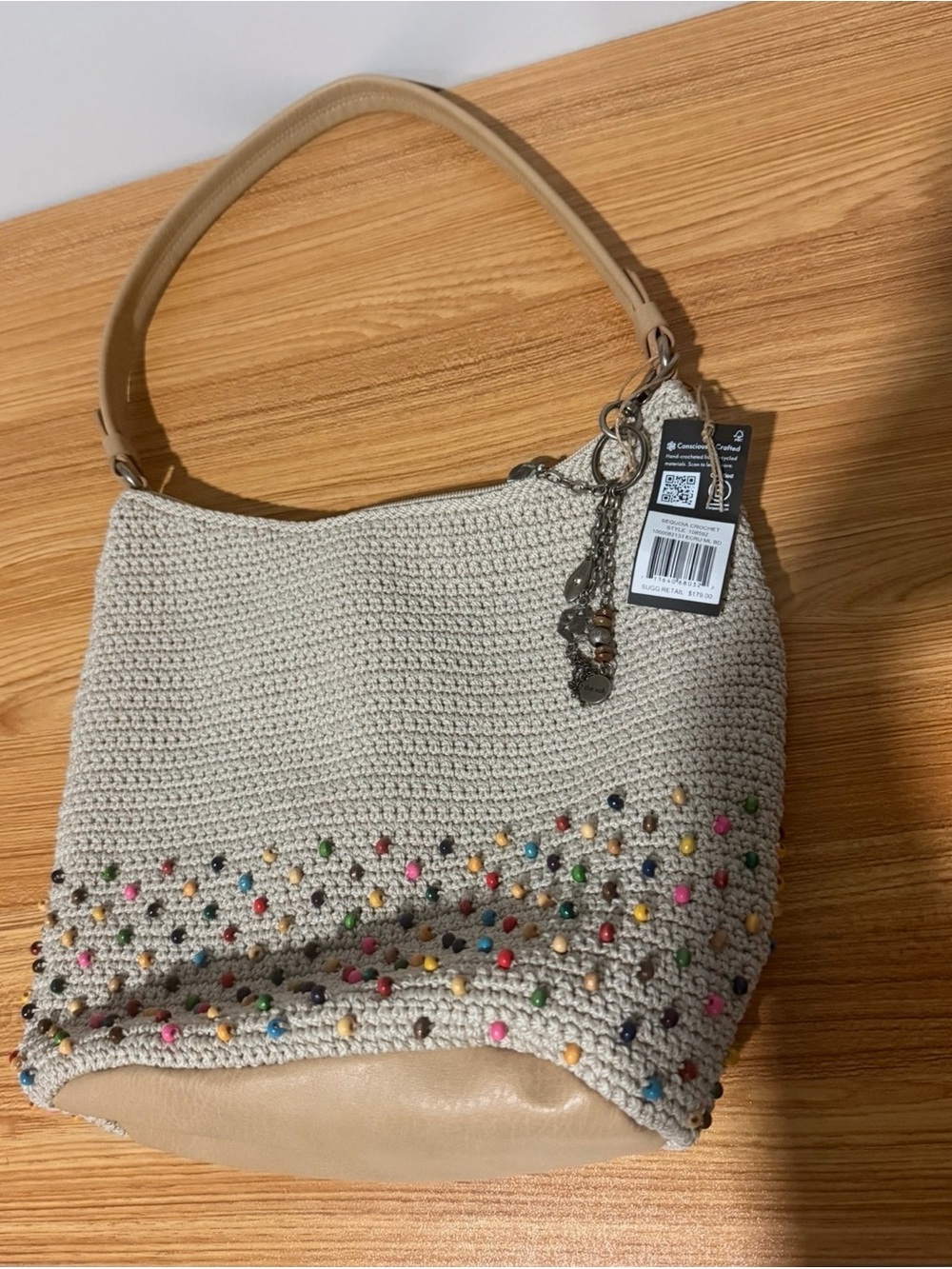 NWT-The Sak Cream Crochet Shoulder Bag with Multicolor Bead Accents